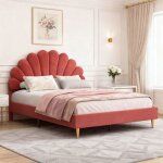 Lit 140x190 velours bordeaux pocketpop - cadre bois & m�tal, sommier � lattes, t�te en p�tale, 2 places ...