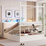 Lit 140x190cm - lit � baldaquin 140x190 - avec coffre, led et ports de charge usb / type - c - en fer ...