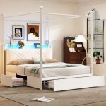 Lit 140x190cm - lit � baldaquin 140x190 - avec tiroirs, led et ports de charge usb / type - c - en fer ...