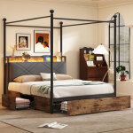 Lit 140x190cm - lit � baldaquin 140x190 - avec tiroirs, led et ports de charge usb / type - c - en fer ...