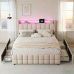 Lit 140x200, lit adulte 140x200 avec 4 tiroirs, t�te de lit avec lumi�res led r�glables et chargement ...