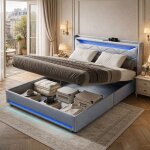 Lit 140x200 cm avec �clairage led et ports usb, lit double capitonn� avec hydraulique rangement et sommier ...