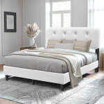 Lit 160x200 cm (2 places) � sommier lattes, cadre capitonnn� t�te de lit, blanc, style moderne, structure ...