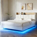 Lit 160x200 cm, lit adulte flottant, t�te de lit avec rangement et poches, usb + led, similicuir, blanc ...