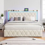 Lit 160x200 cm - adwolt - velours beige - led int�gr�e - 2 places - design contemporain