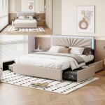 Lit 160x200 cm led beige - t�te de lit r�glable, 4 tiroirs, sommier � lattes, structure bois / m�tal