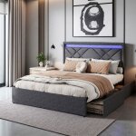 Lit 160x200 cm, tt01, led, scandinave, lit double, cadre de lit adulte 160x200 cm, tissu en lin, gris ...