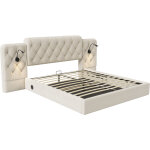 Lit 160x200 avec t�te de lit longue en velours, usb, led et grand rangement