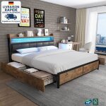 Cangu' - lit 160x200 avec tiroir - lit adulte 160x200 - industriel - led r�glable - cadre en m�tal - ...