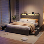 Lit 160x200 avec tiroirs, lit double capitonn�, lit adulte, avec bande lumineuse led et chargement usb, ...