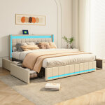 Lit 180x200 cm, lit double adulte, lit en lin rembourr� avec rangement int�gr�, t�te de lit led avec ...
