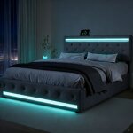 Lit 180x200 cm, lit double, tissu en lin, led t�te et pied, usb, hauteur r�glable, 4 tiroirs m�tal, gris ...