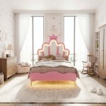 Lit 90x200 cm, lit fille, motif couronne de princesse, similicuir rose, t�te de lit nuage, avec t�l�commande ...