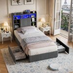 Lit 90x200 avec led et usb, lit 1 personne avec 2 tiroirs de rangement, lit simple capitonn� avec sommier ...