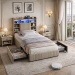 Lit 90x200 avec led et usb, lit 1 personne avec 2 tiroirs de rangement, lit simple capitonn� avec sommier ...