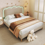Lit adulte 140�200 cm, lit double avec led et t�te de lit r�glable, sans matelas, en lin - beige