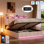 Lit adulte 140x190 cm avec sommier - lit coffre avec rangement - lit 2 personnes avec led - prise usb ...