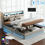 Lit adulte 140x190 cm avec sommier led et usb tpye c - lit coffre avec rangement de chevet - lit hydraulique ...