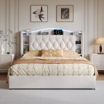 Lit adulte 160x190 cm avec coffre de rangement, led et chargement usb moderne - velours - beige