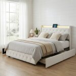 Lit adulte 160x200, 4 tiroirs, lit double rembourr� avec �clairage led et ports usb / type - c, t�te ...