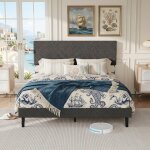 Lit adulte 160x200 cm, lit double avec sommier � lattes, rev�tement en lin, t�te de lit ray�e, design ...