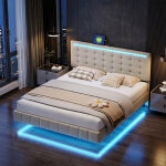 Lit adulte 160x200 cm, lit flottant rembourr� avec led et 2 ports usb, t�te de lit r�glable, sommier ...
