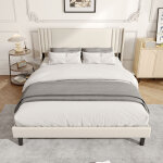 Lit adulte 160x200 cm, lit 160x200 avec sommier, t�te de lit capitonn� en lin beige, convient aux adultes ...