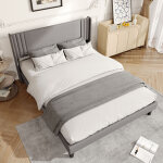 Lit adulte 160x200 cm, lit 160x200 avec sommier, t�te de lit capitonn� en lin gris, convient aux adultes ...