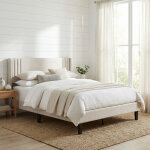 Lit adulte 160x200 avec sommier silencieux, lit double avec structure en m�tal et bois, tissu en lin, ...