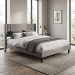 Lit adulte 160x200 avec sommier silencieux, lit double avec structure en m�tal et bois, tissu en lin, ...