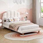 Lit adulte 90x200 cm rembourr� avec t�te de lit ours en peluche moderne - polaire - blanc
