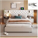 Adwolt lit 140�200 cm, led et usb, rangement de chevet, tissu en velours, beige
