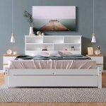 Wishdor - lit adulte 140x200 cm en bois avec tiroirs et t�te de lit avec rangements, blanc, sans matelas ...