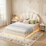 Lit adulte double 140x190 cm en velours beige - design suspendu avec led int�gr�es - sommier � lattes ...