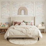 Lit adulte double 160x200 cm en tissu lin, t�te de lit c�tel�e, sommier � lattes en bois et cadre m�tallique ...