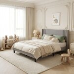 Lit adulte double 160x200 cm en tissu lin, t�te de lit c�tel�e, sommier � lattes en bois et cadre m�tallique ...