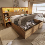 Lit adulte double 180x200 cm, lit complet avec tables de chevet, rangement hydraulique, led 20 couleurs, ...