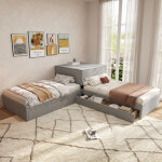 Lit d'angle 90x200 cm, 2 lits simples avec lit gigogne, rangements, tiroirs, sans matelas, gris