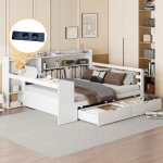 Lit banquette 140�200 cm, lit double avec bureau, �tag�res, 2 tiroirs et prise usb, sans matelas, en ...