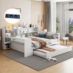 Lit banquette 140�200 cm, lit double avec lit gigogne, bureau, �tag�res et prise usb, sans matelas, en ...