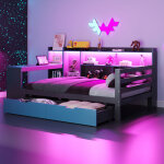 Lit banquette 90�200 cm, lit simple avec bureau, biblioth�que, �tag�res, led et usb, 2 tiroirs, sans ...