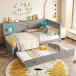 Lit banquette 90�200 cm, lit simple avec lit gigogne, led et prises avec usb, sans matelas, en panneaux, ...