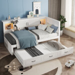 Lit banquette 90�200 cm, lit simple avec led, lit gigogne 90�190 cm, rangements, prises et usb, sans ...