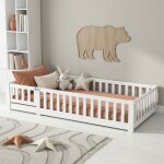 Lit b�b� 80x160 cm, bois de pin massif, barri�re de s�curit�, vernis blanc � base d'eau.