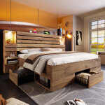 Lit bois mdf aspect ch�ne 180x200 cm avec led, ports usb / type - c, niches et tiroirs de rangement