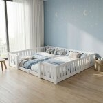 Lit cabane 90x200(x2), lit enfant, lit au sol avec barri�re et sommier, bois de pin massif, motif �toiles, ...