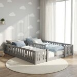 Lit cabane 90x200(x2), lit enfant, lit au sol avec barri�re et sommier, bois de pin massif, motif �toiles, ...