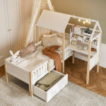 Lit cabane 90x200cm - avec sommier � lattes, bureau en l et �tag�re, tiroirs � roulettes - en bois massif ...