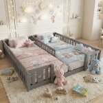 Lit cabane enfant 140x200 cm, avec barri�res de s�curit� ? structure en bois massif, sommier � lattes ...