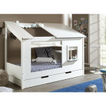 Lit cabane gigogne 90x200 pin massif fenêtre avec rideau coton blanc parade Lit cabane gigogne 90x200 pin massif fenêtre avec rideau coton blanc parade